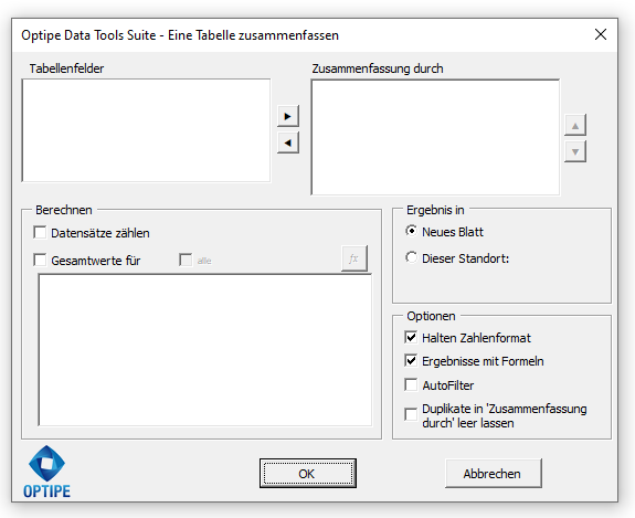 Optipe Data Tools Suite Eine Tabelle zusammenfassen Interface Tabelle zusammenfassen