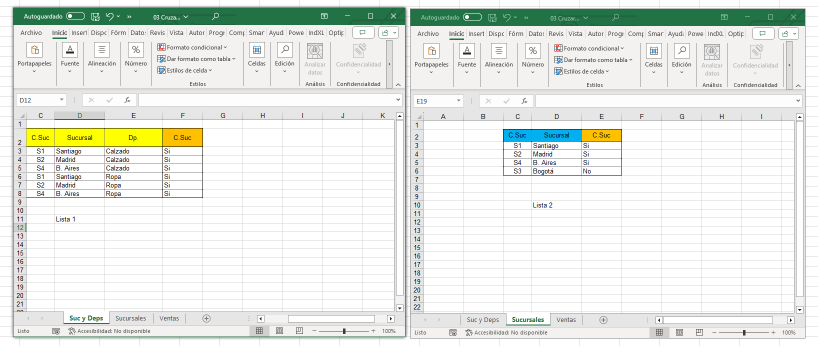 Comparar listas en Excel ejemplo