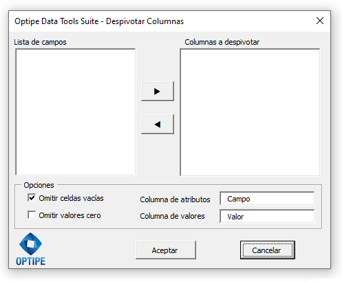 Optipe Data Tools Suite Girar Columnas Interfaz Despivotar Columnas