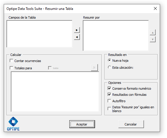Optipe Data Tools Suite Resumir una Tabla Interfaz Resumir Tabla
