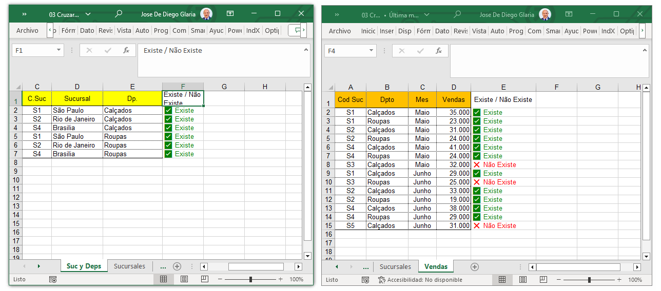 Exemplo de como comparar listas no Excel