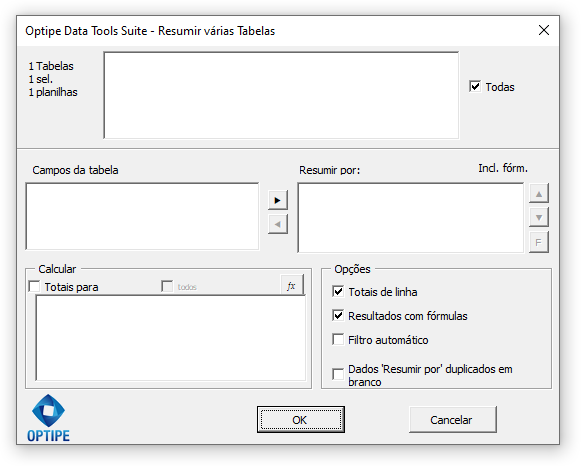 Optipe Data Tools Suite Resumir Várias Tabelas Interface Resumir Várias Tabelas