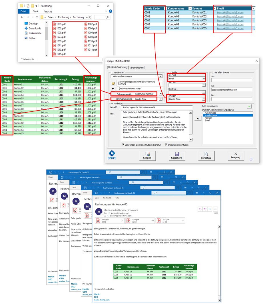 Mehrere Dokumente aus Excel mit MultiMail senden Beispiel für Massenversand mehrerer personalisierter Dokumente aus Excel mit MultiMail: Rechnungen und Bestellungen pro Kunde via Outlook