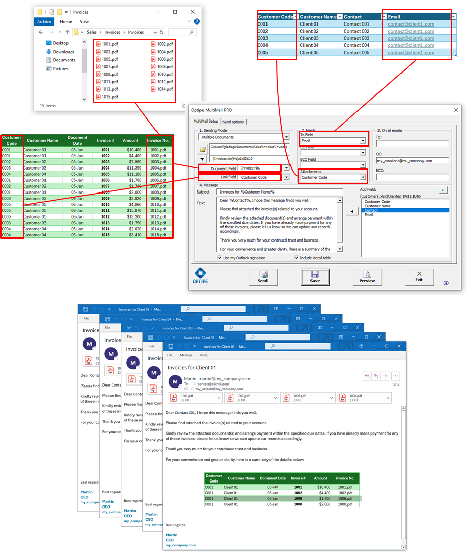 Multiple Documents from Excel with MultiMail Example of bulk sending multiple personalized documents from Excel with MultiMail: invoices and purchase orders per client via Outlook