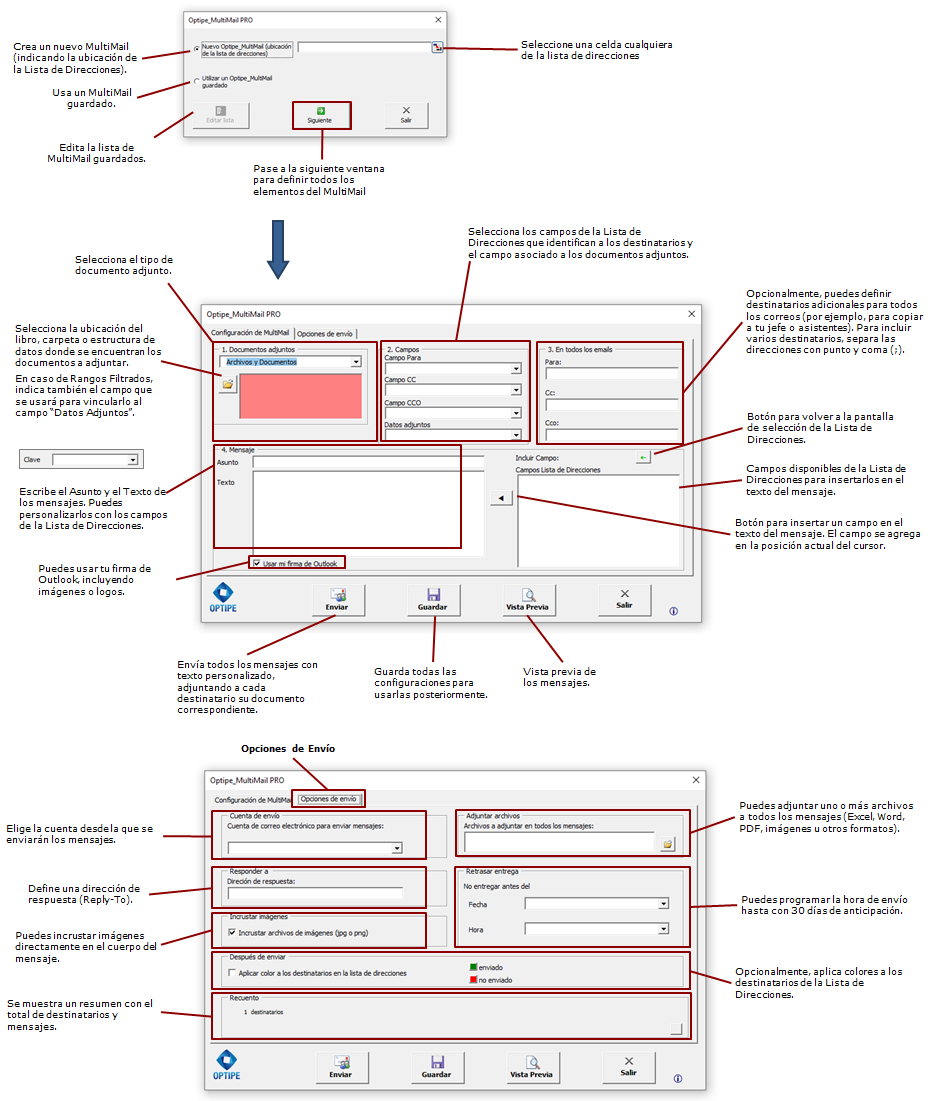 Haz clic o amplía para ver detalles de la configuración de MultiMail Guía visual completa de MultiMail: interfaz anotada con selección de lista, configuración de cuentas, firma Outlook, retraso de entrega, adjuntos y opciones avanzadas