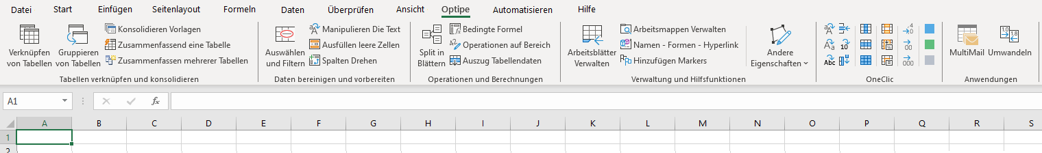 Menüband der Optipe in Microsoft Excel: Tools zum Bearbeiten und Bereinigen von Daten in Tabellen