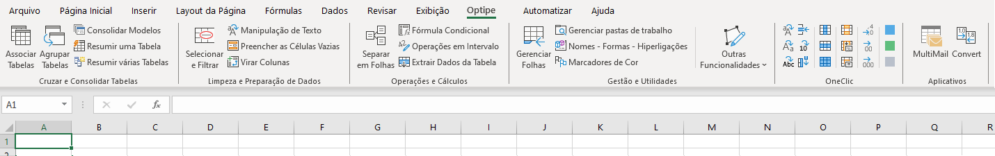 Faixa de opções do Optipe no Microsoft Excel: ferramentas para manipular e limpar dados em tabelas