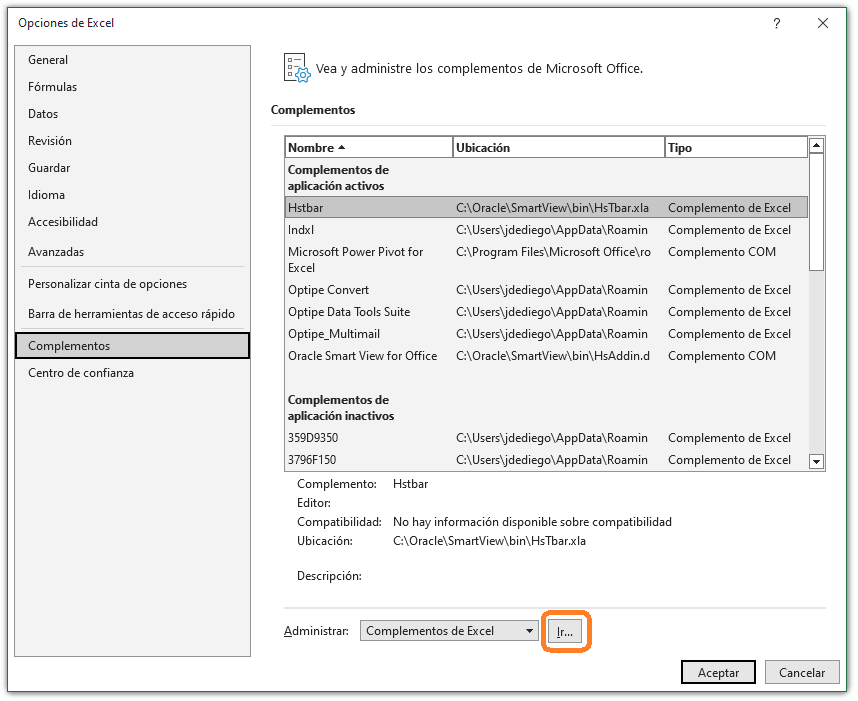 Opciones de Complementos en Excel
