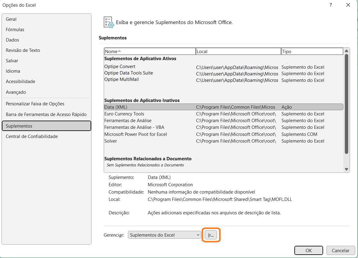 Opções de Suplementos no Excel
