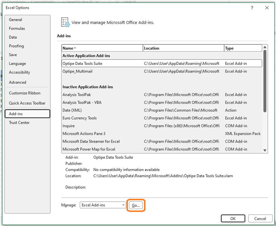 Excel Add-In Optionen