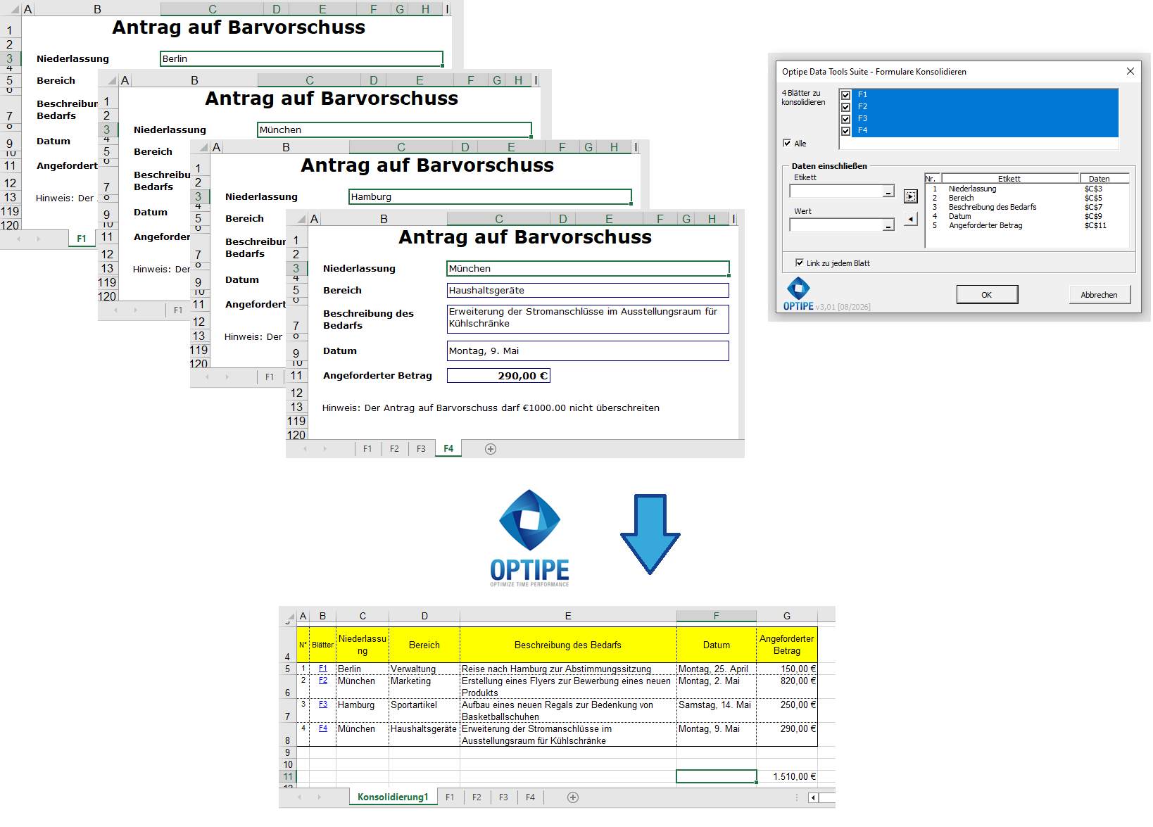 Mehrere Excel-Formulare mit identischer Struktur automatisch in einer einzigen Übersichtstabelle und Datenbank konsolidieren, um Berichte, Umfragen, Audits und Managementprozesse auszuwerten