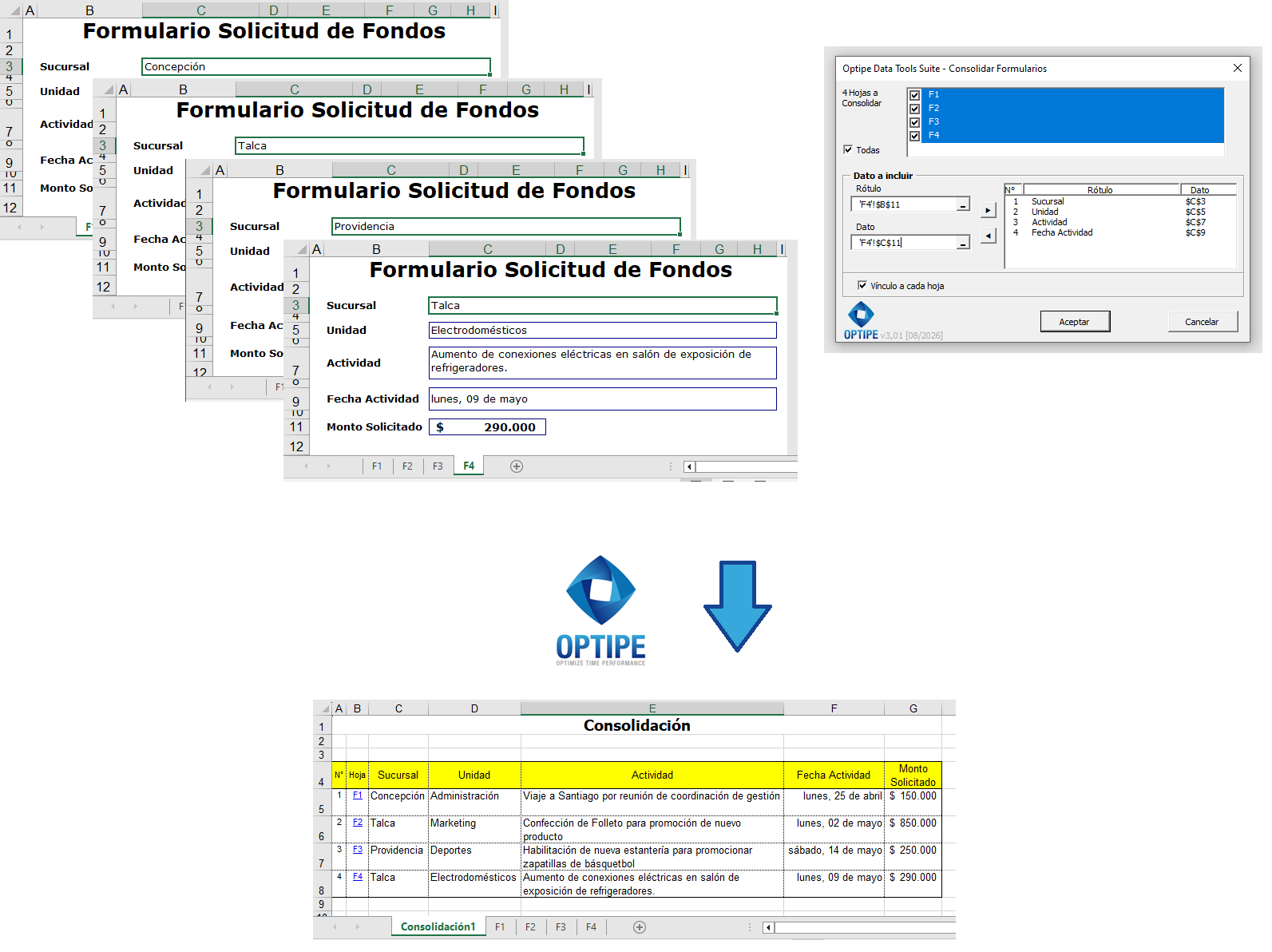 Consolidar automáticamente múltiples formularios Excel con la misma estructura en una tabla resumen única para crear una base de datos lista para análisis, reportes y control de gestión.