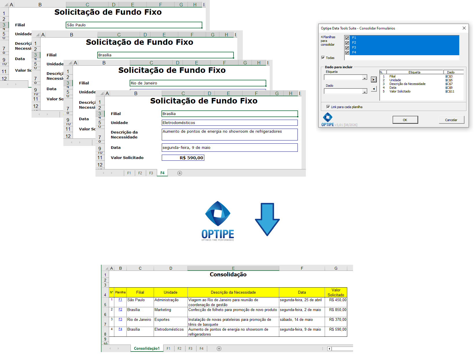 Consolidar automaticamente múltiplos formulários Excel com a mesma estrutura em uma tabela resumo e base de dados pronta para relatórios, auditorias, pesquisas e processos de gestão