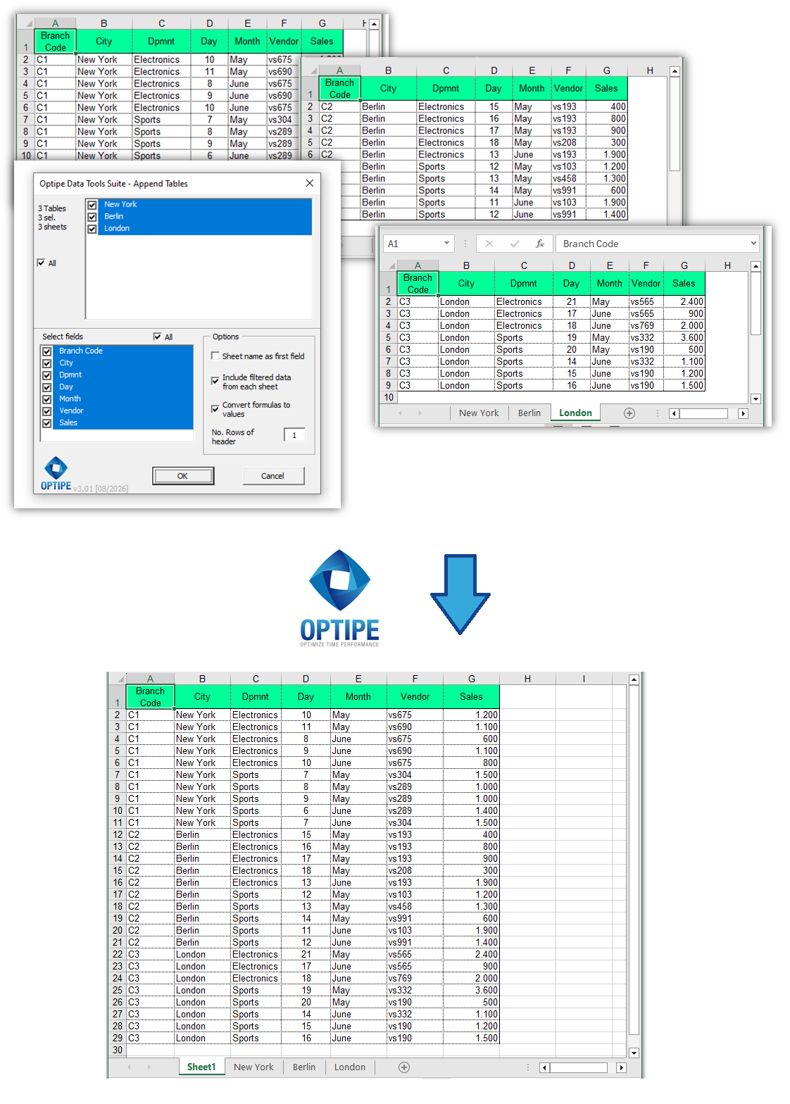 Consolidate multiple Excel worksheets from New York, Berlin and London branch offices into a single master table for reporting, analysis and business intelligence