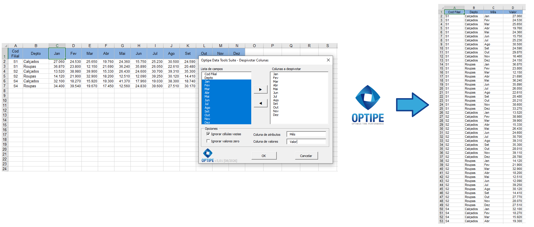 Transformar automaticamente uma matriz Excel com meses em colunas em uma base de dados normalizada contendo registros de período e valor, pronta para Power BI, dashboards, indicadores e análises empresariais.