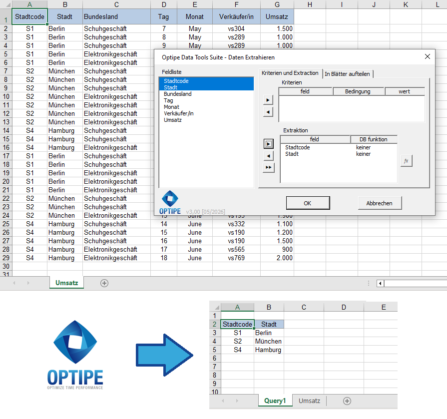 Mit Daten extrahieren der Data Tools Suite eindeutige Datensätze aus einer Excel-Tabelle automatisch extrahieren.