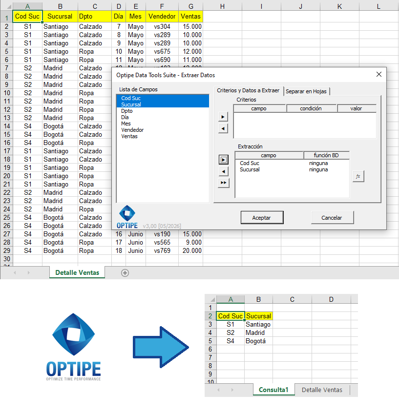 Usar Extraer Datos de Data Tools Suite para obtener registros únicos de una tabla Excel automáticamente
