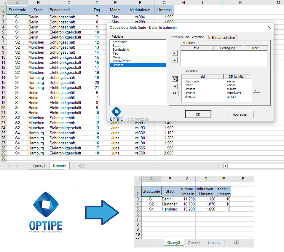 Mit Daten extrahieren der Data Tools Suite automatisch Excel-Zusammenfassungen mit Analysefunktionen erstellen.