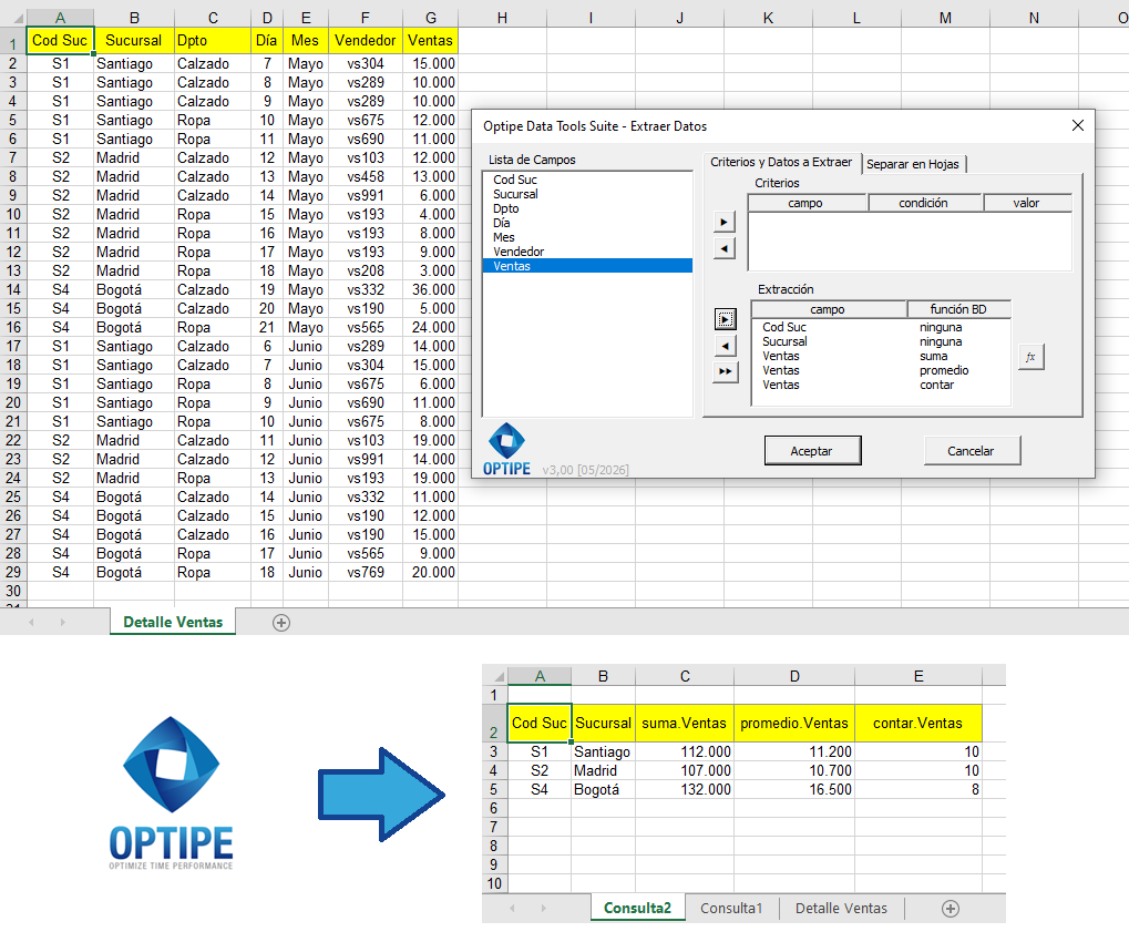 Usar Extraer Datos de Data Tools Suite para crear una tabla resumen en Excel automáticamente