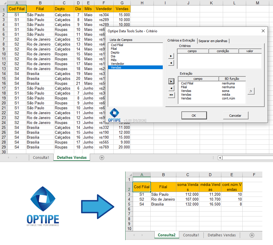 Usar Extrair Dados do Data Tools Suite para criar tabelas resumo automaticamente no Excel utilizando Funções de Análise.