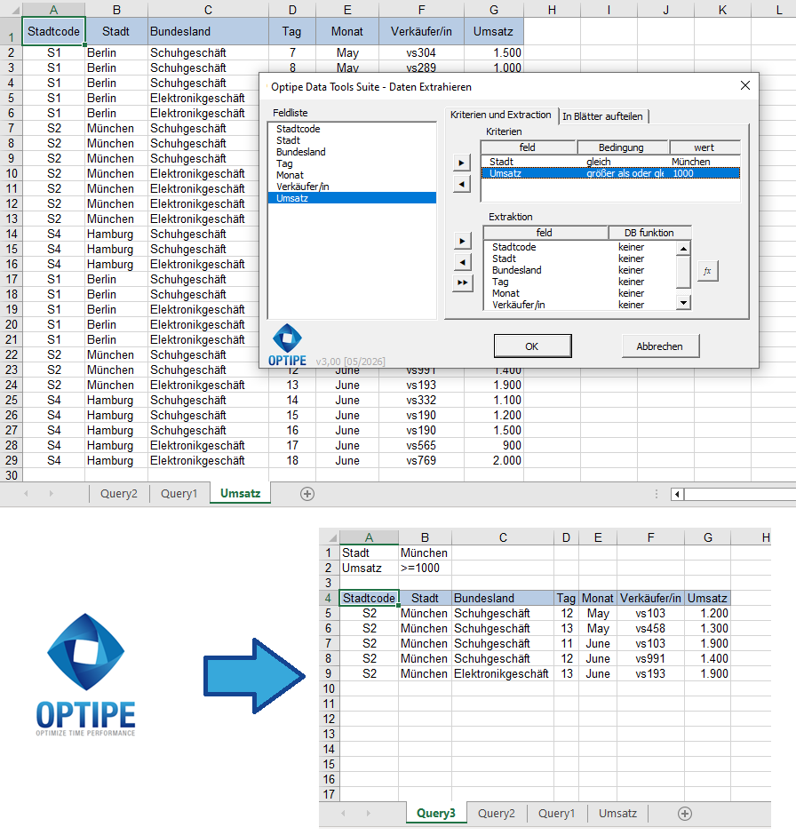 Mit Daten extrahieren der Data Tools Suite Excel-Daten automatisch nach mehreren Kriterien extrahieren.