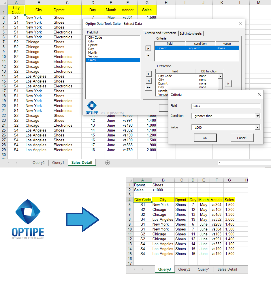 Use Extract Data from Data Tools Suite to extract Excel records that match one or more criteria automatically.