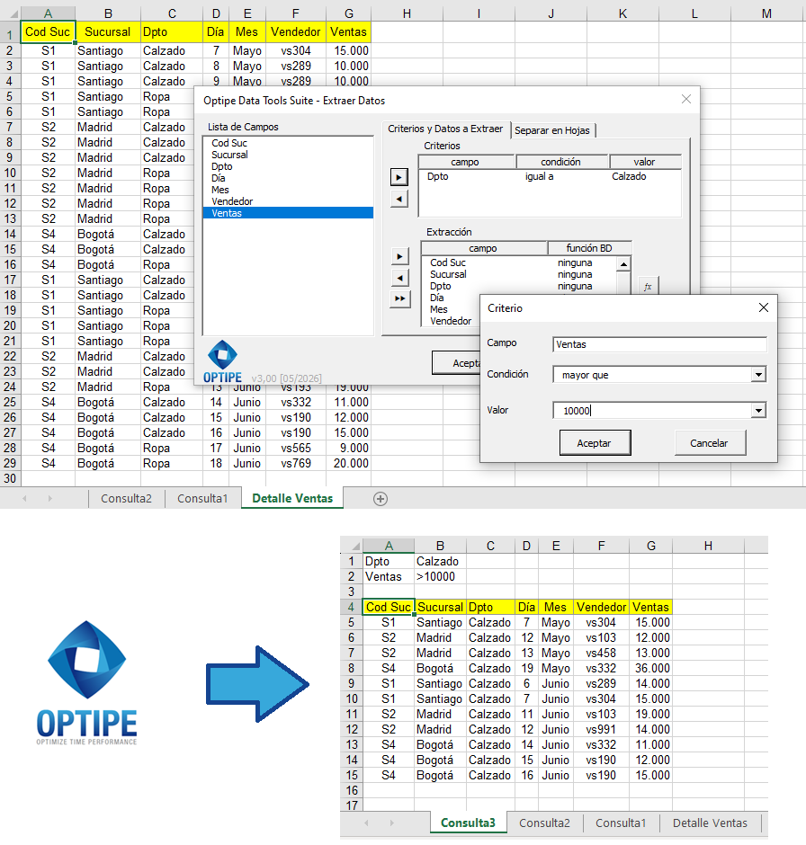 Usar Extraer Datos de Data Tools Suite para extraer registros de Excel utilizando uno o varios criterios