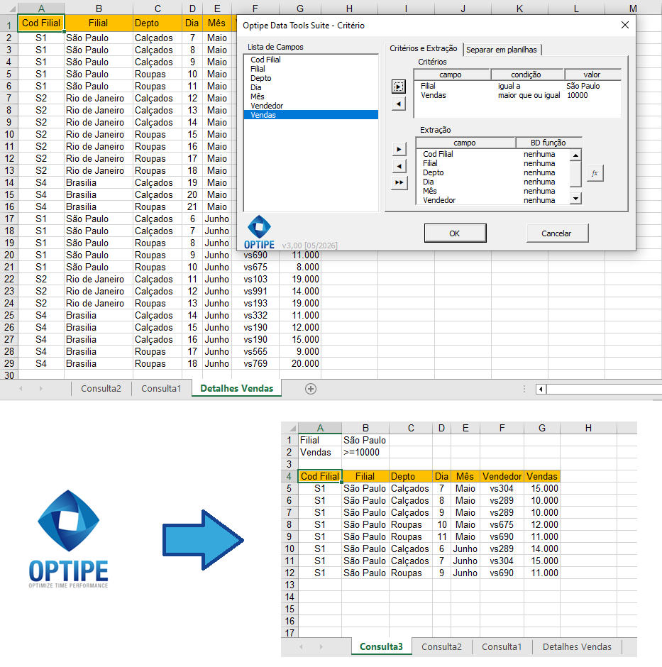 Usar Extrair Dados do Data Tools Suite para extrair registros do Excel utilizando um ou mais critérios automaticamente.