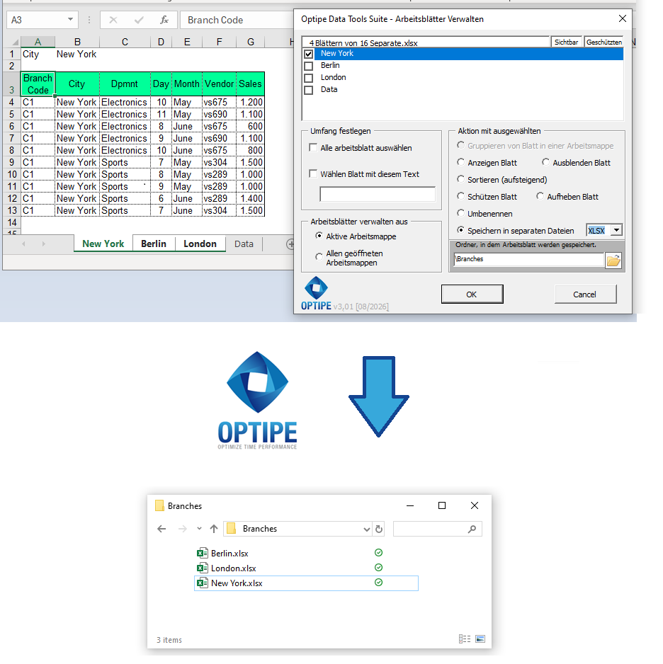 Excel-Arbeitsblätter für Berlin, München und Hamburg automatisch als separate Excel-Dateien exportieren und für Versand, Archivierung oder weitere Verarbeitung bereitstellen