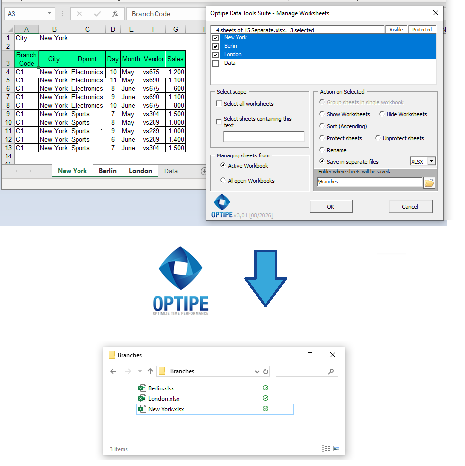 Automatically create individual Excel workbooks for New York, Berlin and London branch offices by exporting each worksheet as a separate XLSX file ready for distribution