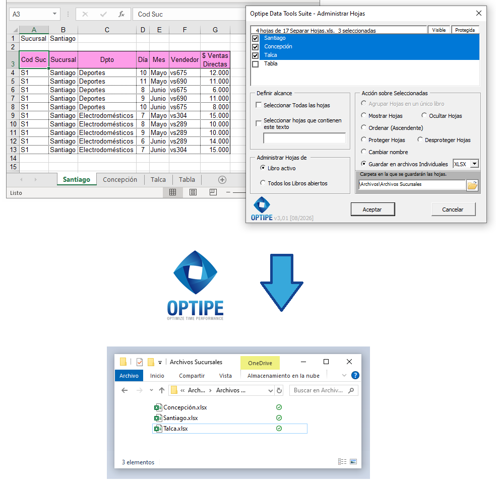 Guardar automáticamente cada hoja Excel como un archivo independiente para generar documentos por sucursal, cliente, vendedor o departamento y facilitar su distribución