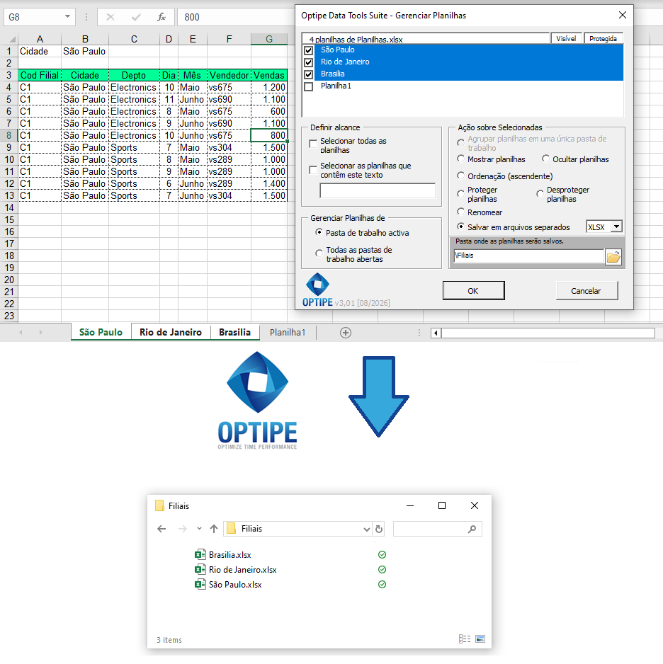 Criar automaticamente um arquivo Excel independente para cada filial de São Paulo, Rio de Janeiro e Brasília a partir de uma única pasta de trabalho