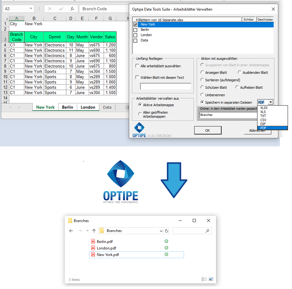 Excel-Arbeitsblätter für Berlin, München und Hamburg automatisch als einzelne PDF-Dokumente exportieren und für Versand, Archivierung oder Druck vorbereiten