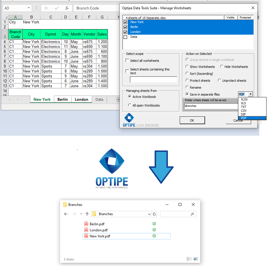 Automatically generate individual PDF documents from Excel worksheets for New York, Berlin and London branch offices, preserving report formatting and layout