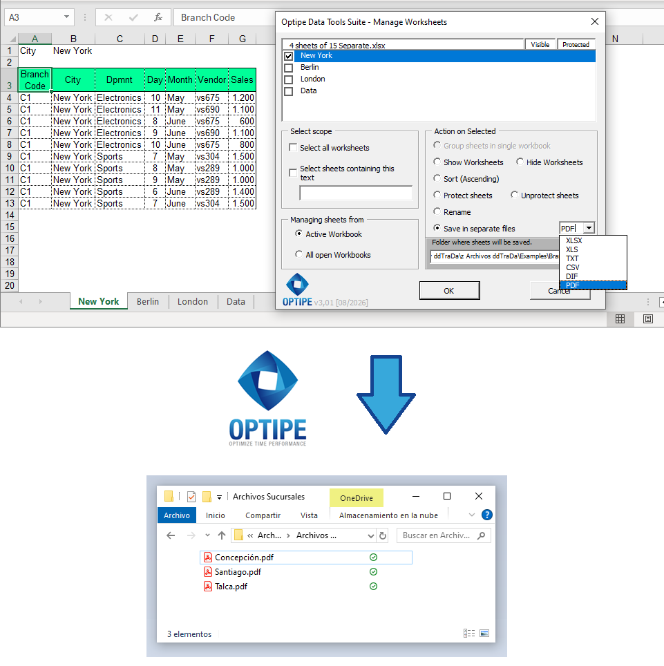 Generar automáticamente un archivo PDF independiente para cada hoja Excel y distribuir informes, reportes o certificados por sucursal, cliente o departamento