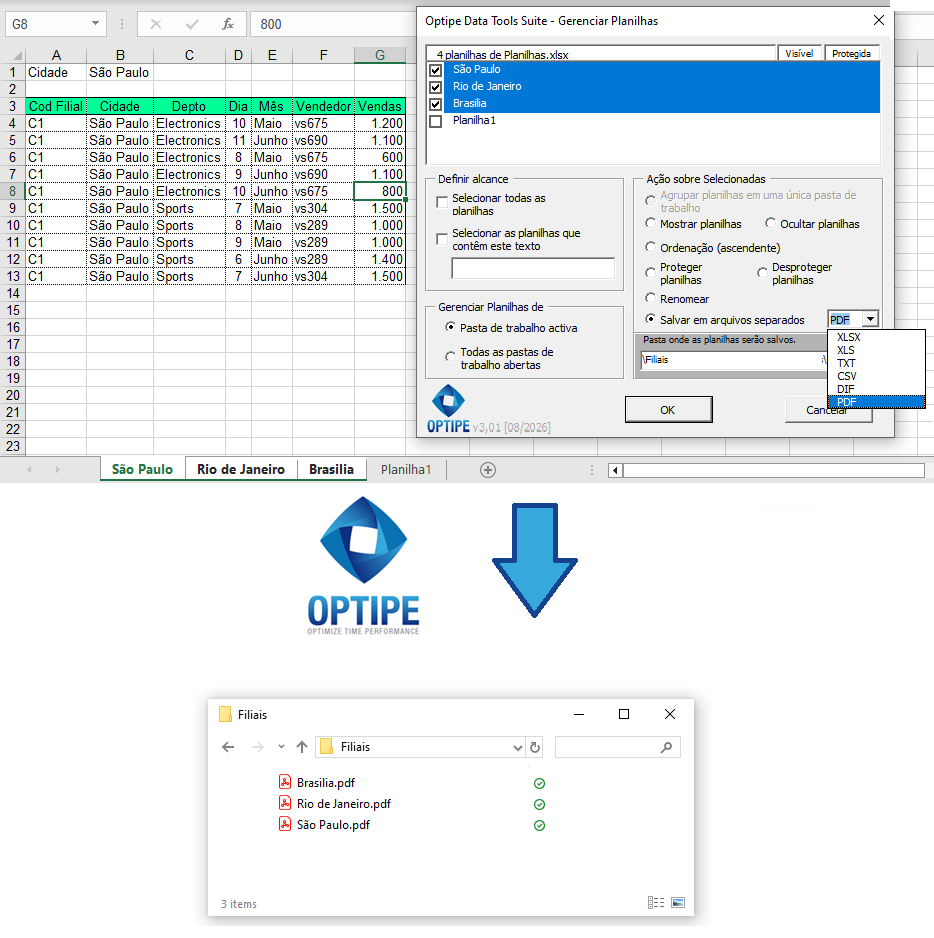 Converter automaticamente planilhas Excel das filiais de São Paulo, Rio de Janeiro e Brasília em documentos PDF independentes, preservando a formatação e o layout original
