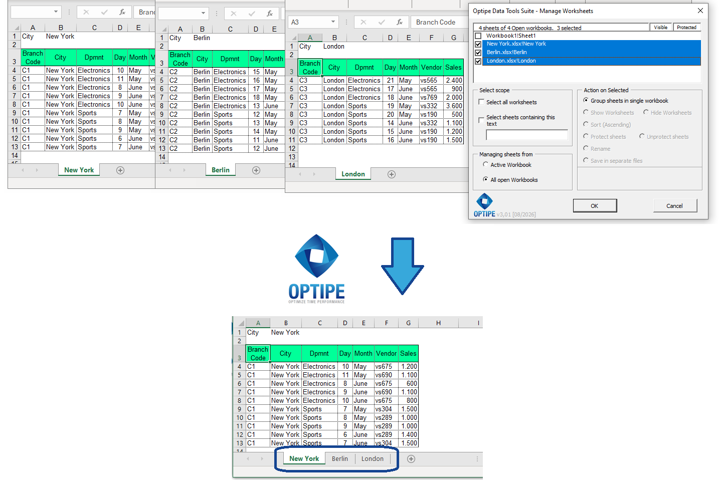 Gather worksheets from multiple Excel files created by New York, Berlin and London branch offices into a centralized master workbook for review, reporting and future consolidation