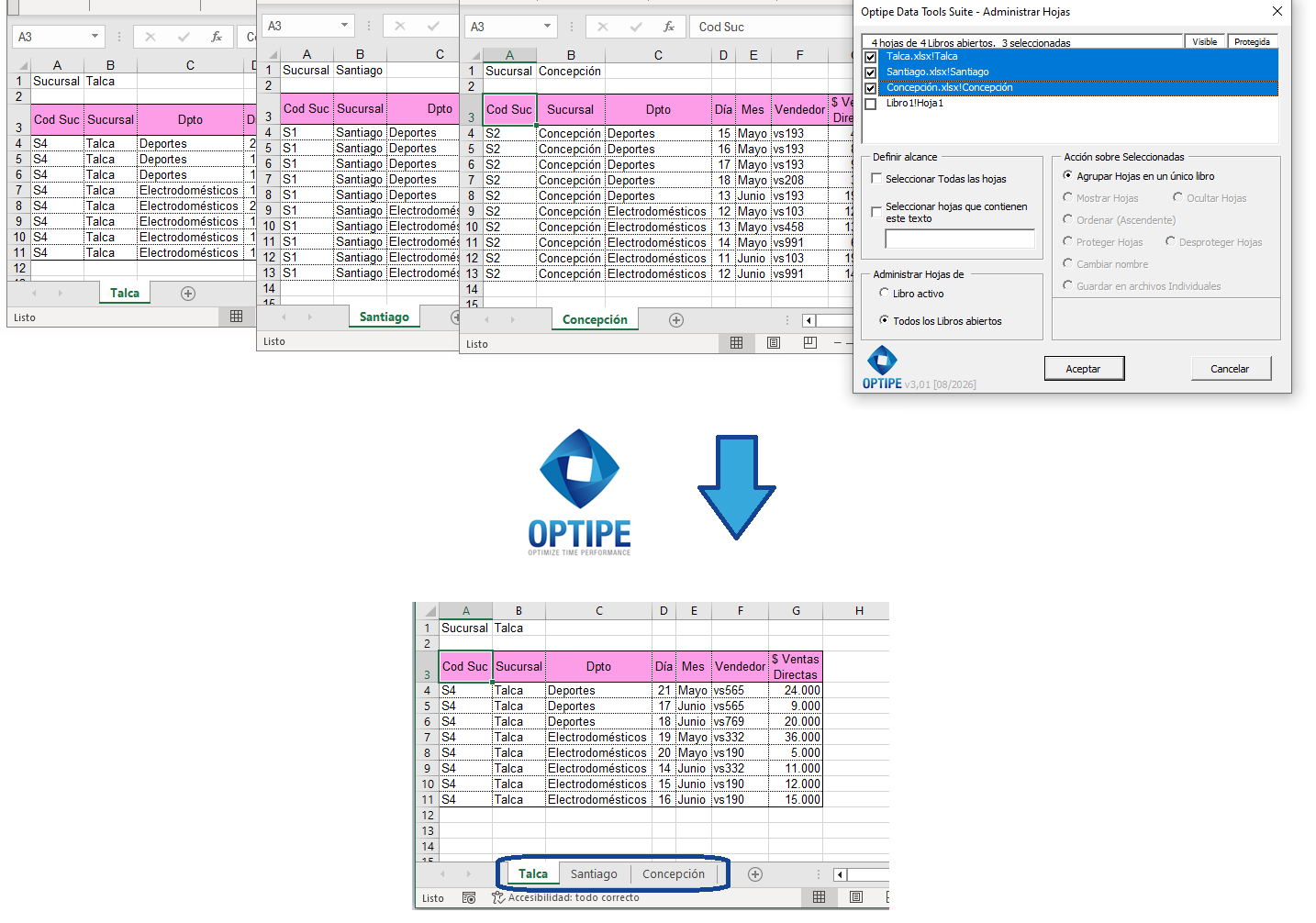 Agrupar hojas procedentes de múltiples archivos Excel para crear un libro maestro centralizado y preparar la información para análisis o consolidación posterior
