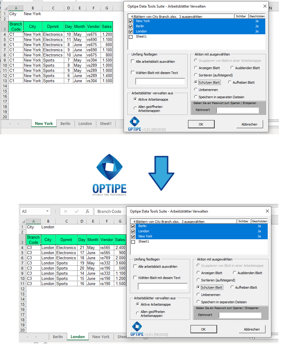 Excel-Arbeitsblätter für Berlin, München und Hamburg automatisch umbenennen, sortieren, schützen, freigeben, einblenden und ausblenden, um große Arbeitsmappen effizient zu verwalten