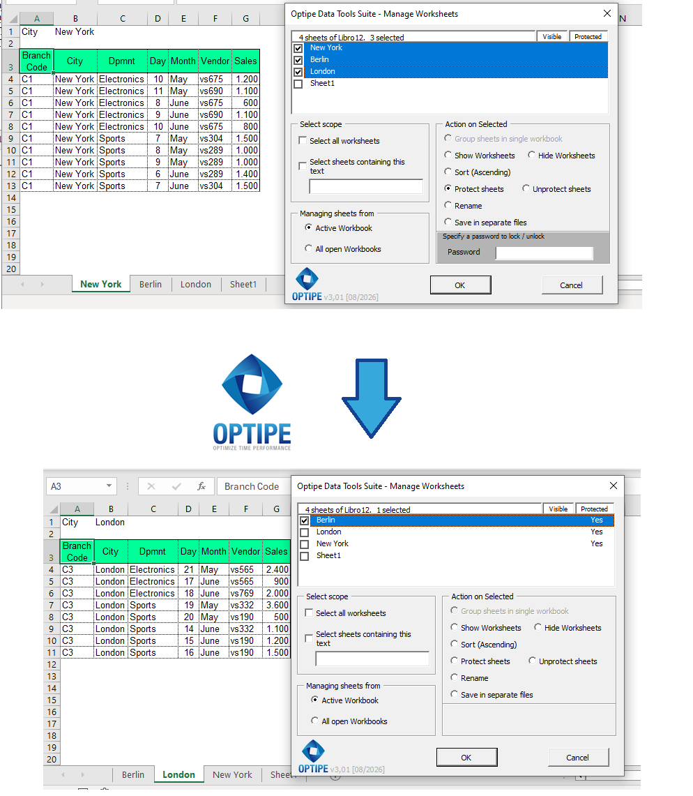 Manage multiple Excel worksheets by renaming, sorting, protecting, unprotecting, showing and hiding worksheets automatically using a centralized worksheet management interface