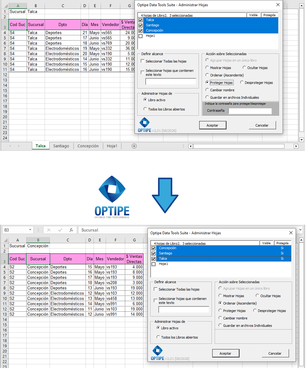 Administrar múltiples hojas Excel mediante ordenamiento, protección, desprotección, mostrar, ocultar y renombrado masivo utilizando valores de celdas o secuencias correlativas