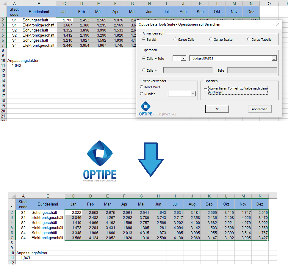 Budget-Anpassungsfaktoren in Excel automatisch mit Operationen auf Bereichen anwenden.