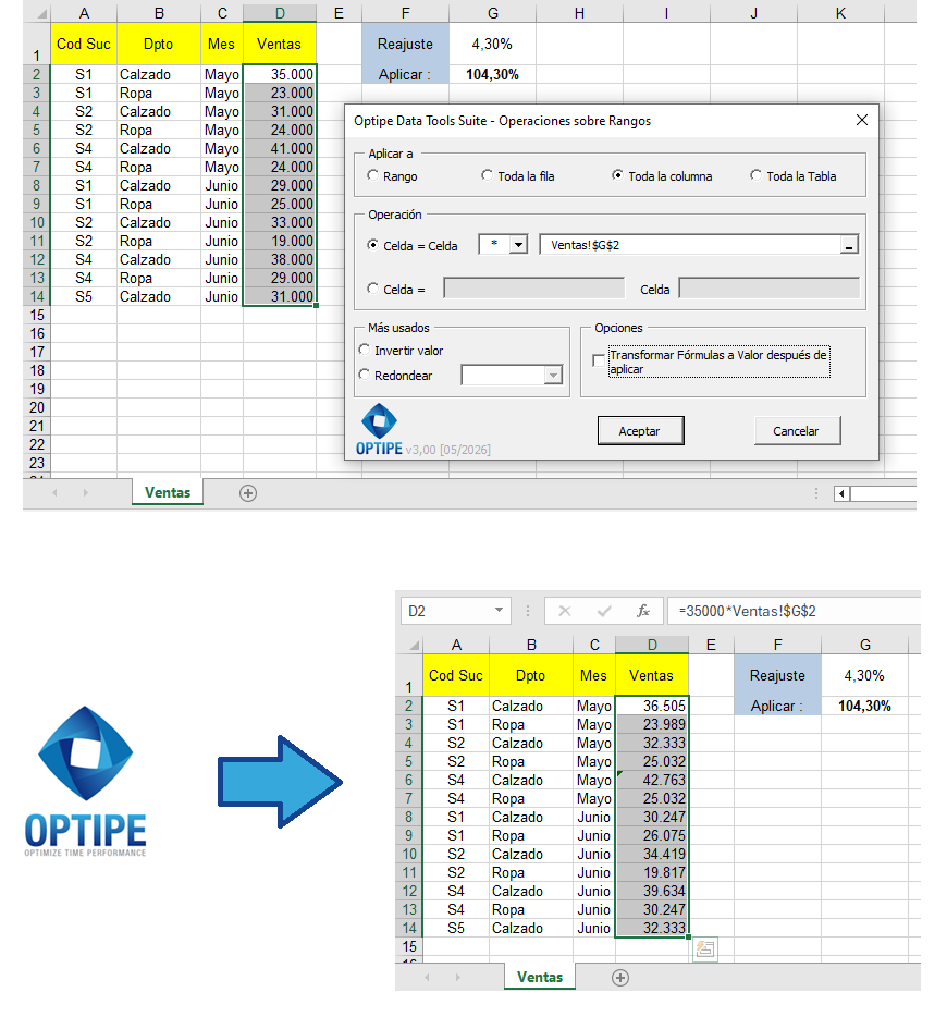 Actualizar automáticamente miles de precios y valores en Excel utilizando un porcentaje almacenado en una celda externa con Operaciones en Rangos de Data Tools Suite