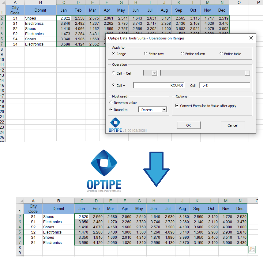 Round budget and forecast figures automatically in Excel using Operations on Ranges from Data Tools Suite.