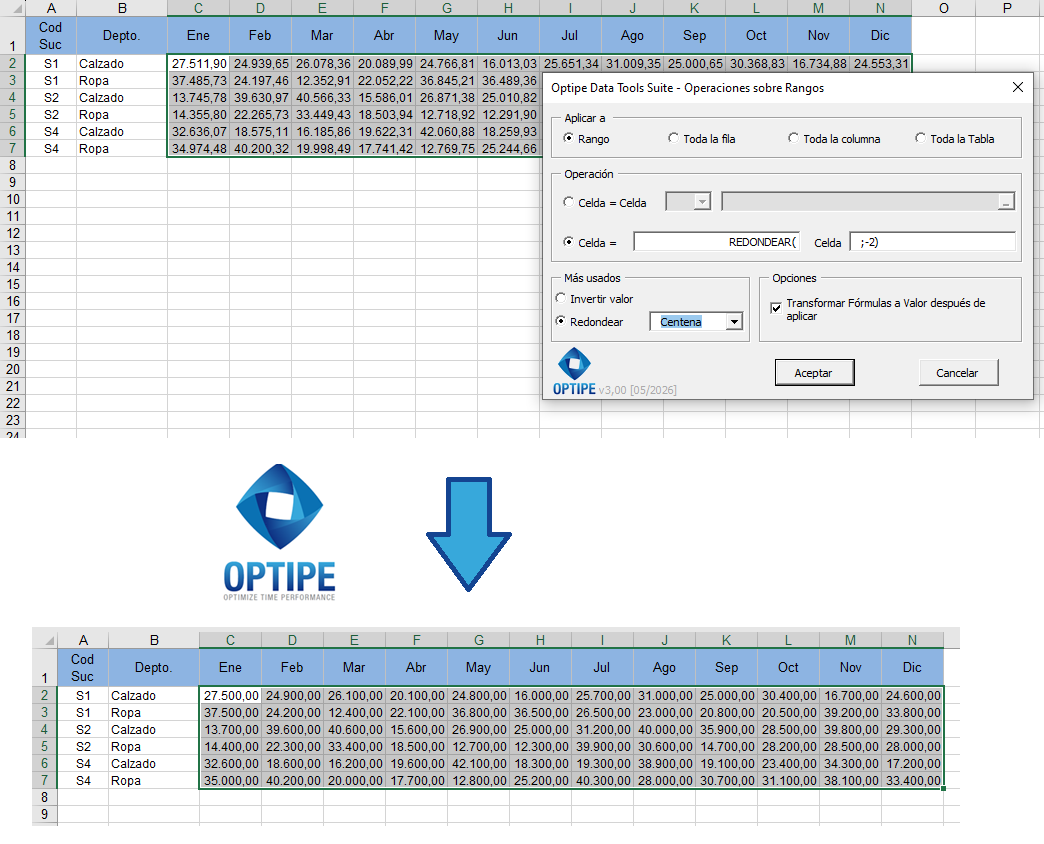 Redondear automáticamente números para presupuestos con Operaciones en Rangos de Data Tools Suite
