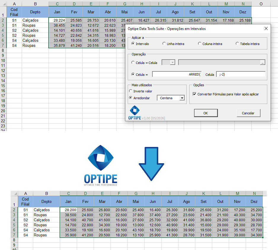 Arredondar automaticamente valores de orçamentos e previsões financeiras utilizando Operações em Intervalos do Data Tools Suite.