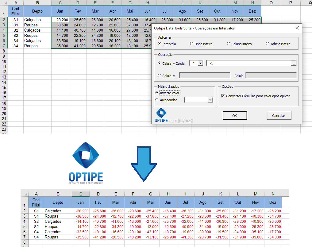 Converter automaticamente despesas positivas em valores negativos para importação em sistemas ERP.