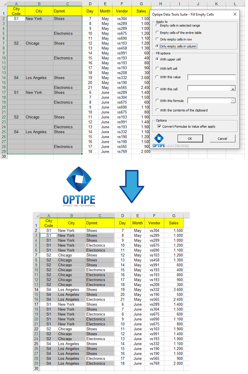 Automatically fill empty cells in an Excel table containing branch offices, departments, sales representatives, and sales figures to create a complete dataset ready for reporting, dashboards, and business analysis