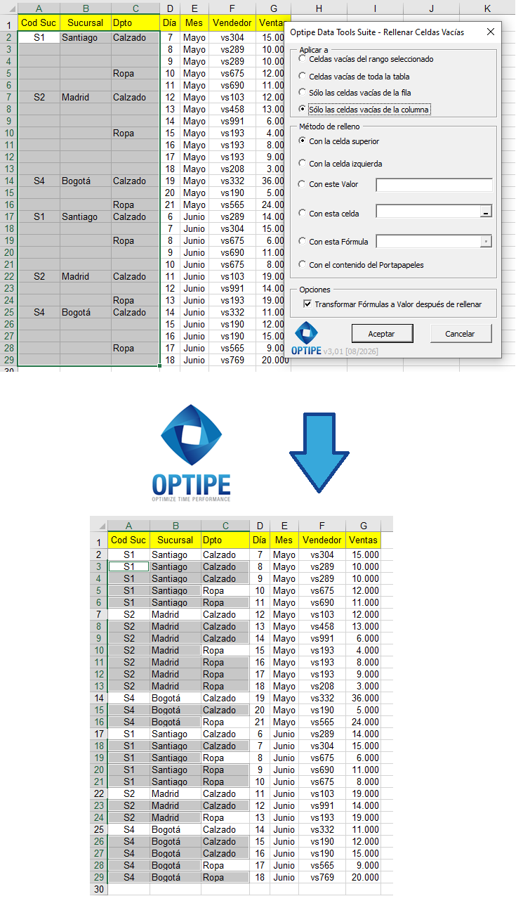 Completar automáticamente celdas vacías en una tabla Excel de sucursales, departamentos, vendedores y ventas para preparar datos consistentes para análisis, reportes y control de gestión