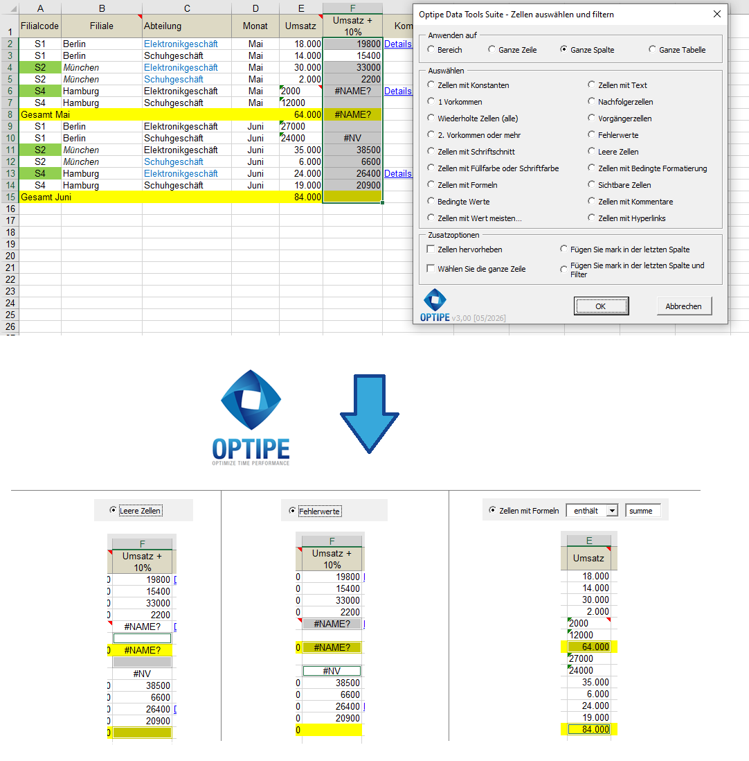 Leere Zellen, Excel-Fehler und Formeln finden, um die Datenqualität vor der Erstellung von Berichten und Dashboards zu prüfen